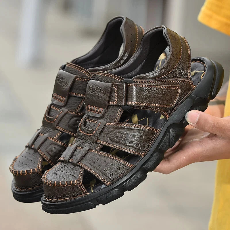 Leather Men Sandals Slip-on Lightweight Soft Hiking Shoes Beach Casual Slippers