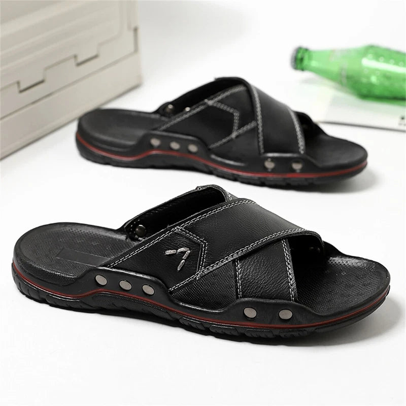 Men's Slipper Genuine Leather Open Toe Casual Slip On Beach Sandal