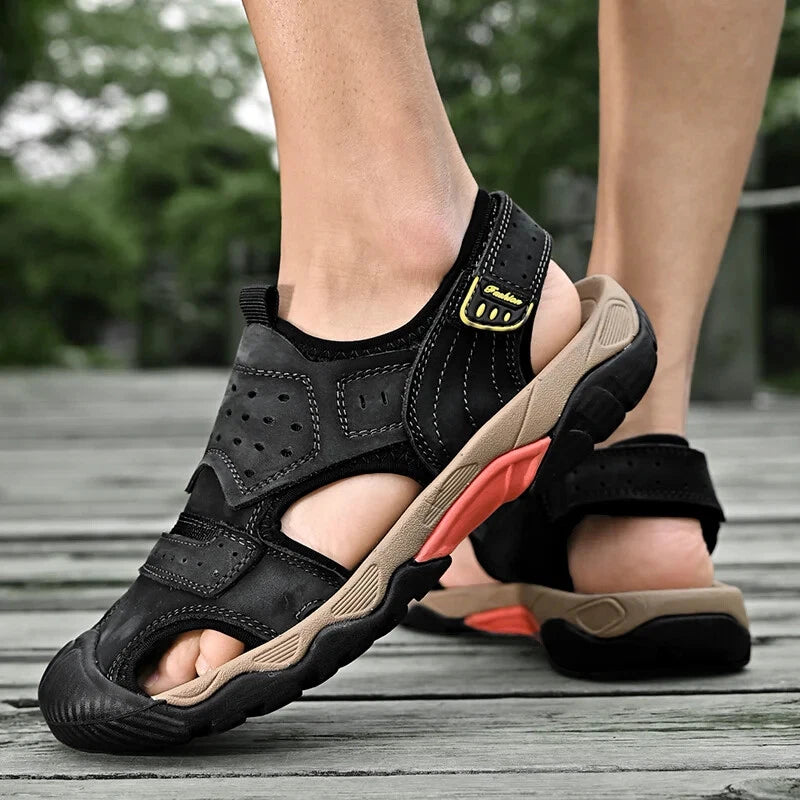 Summer Men Genuine Leather Sandals Non-slip Beach Slippers Handmade Sneakers