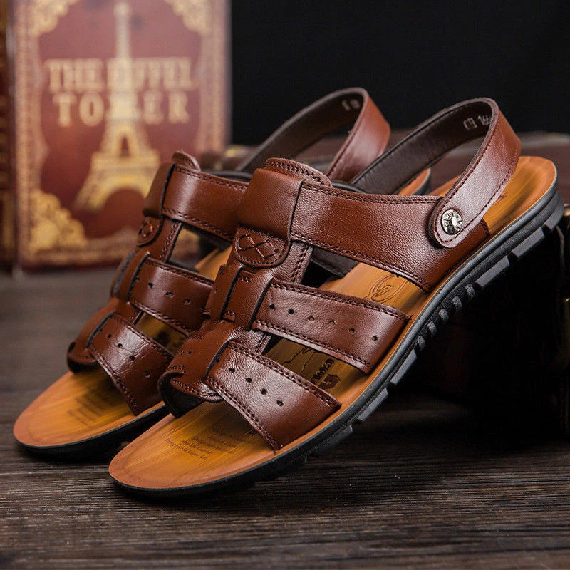 Mens Open Toe Driving Sandals Leather Summer Shoes Casual Outdoor Beach Slippers