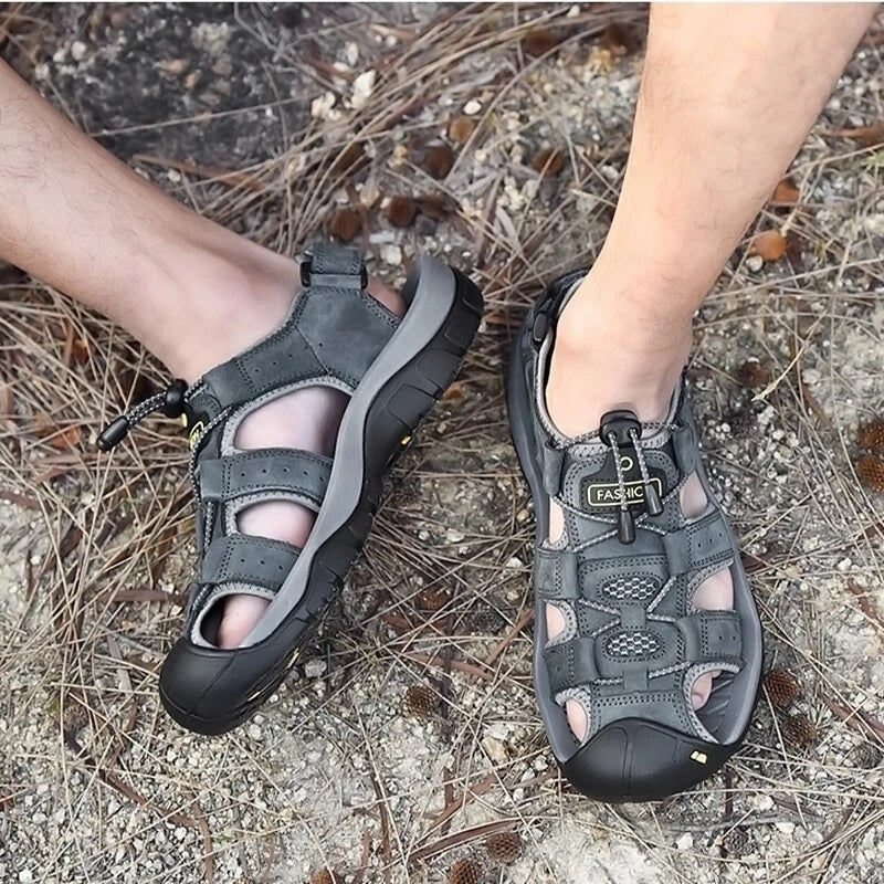 Men's Leather Sandals Closed Toe Beach Nonslip Summer Outdoor Sport Hiking Shoes