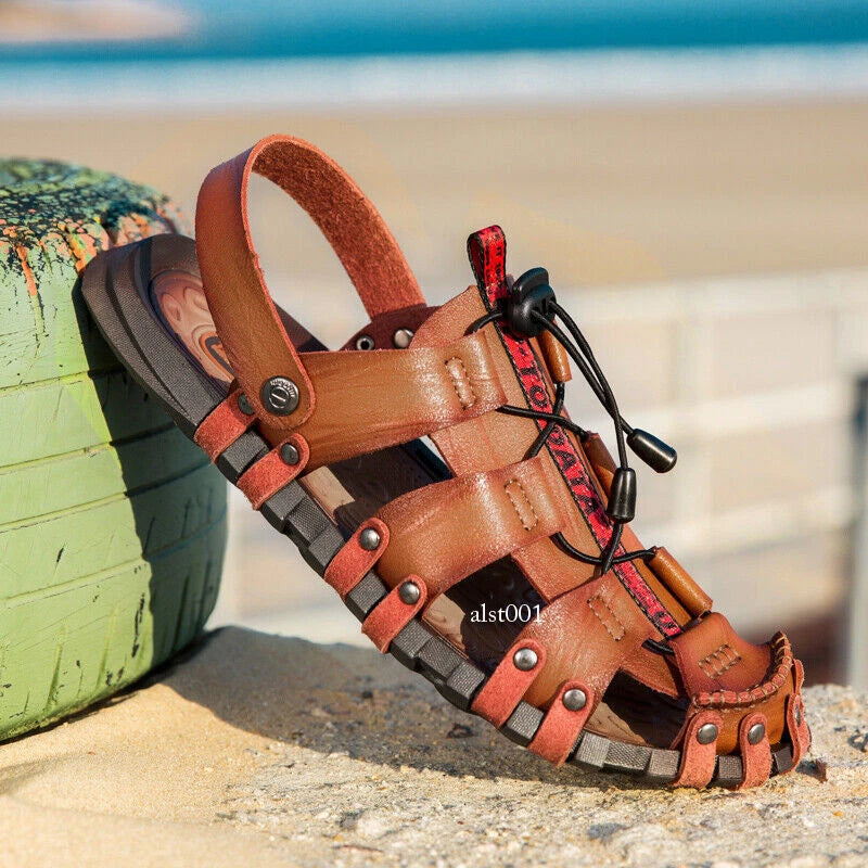 Mens Summer Sandals Round Toe Casual Beach Sports Shoes Leather Slippers Slip On