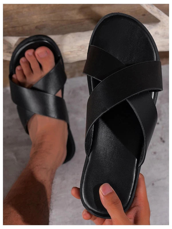 Men's PU Leather Cross Strap Slide Sandals, Summer Beach Footwear Slippers