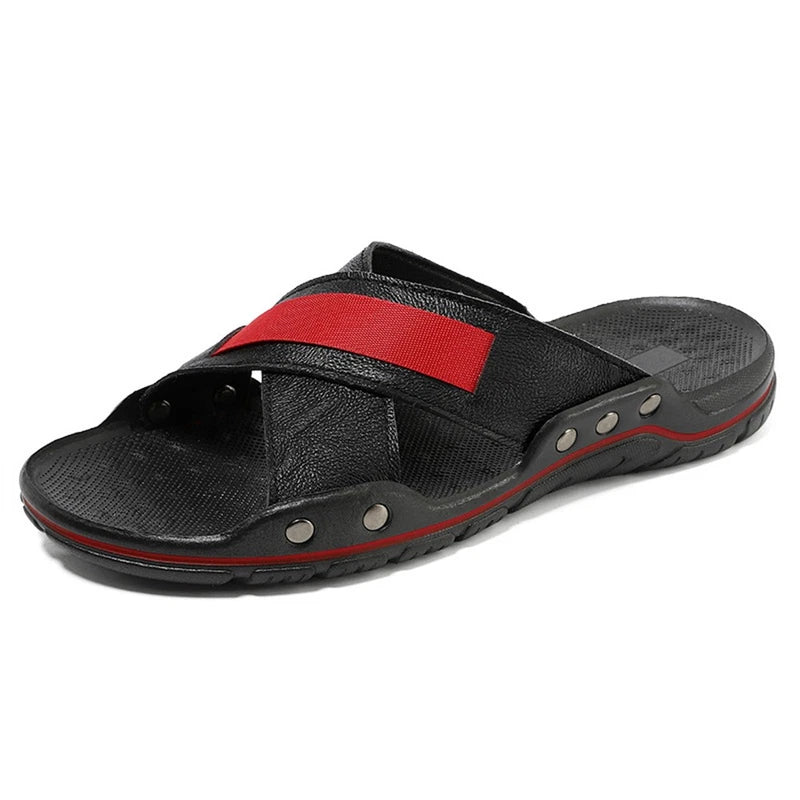 Mens Slide Sandals Open Toe Non-Slip Leather Slippers