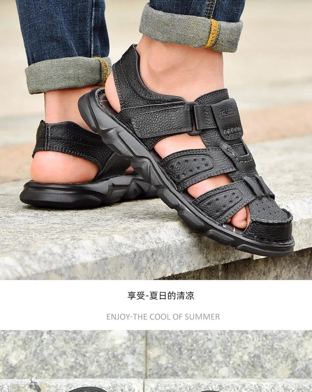 Summer Leather Men's Sandals Outdoor Beach Slippers Hiking Non-slip Flat Shoes