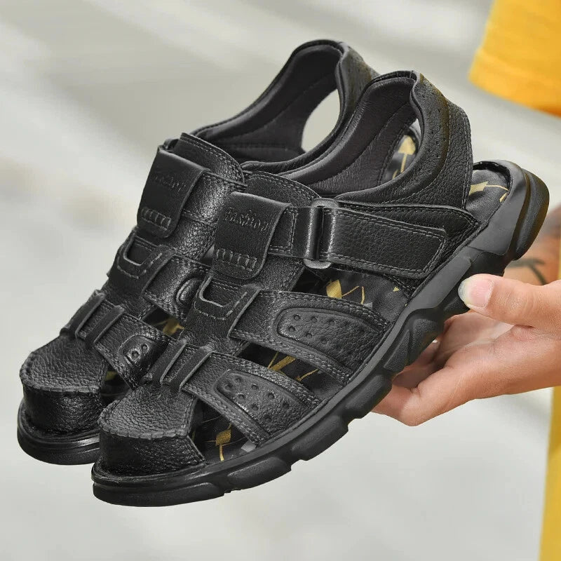 Leather Men Sandals Slip-on Lightweight Soft Hiking Shoes Beach Casual Slippers
