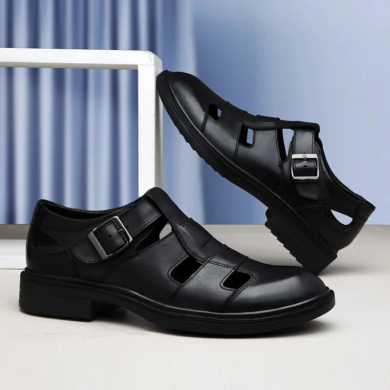 Summer Hollow Leather Shoes Men's Casual Sandals Breathable Lightweight Slippers