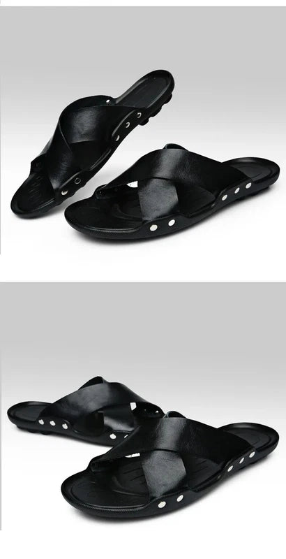 Summer Mens Slippers Cow Leather Beach Sandals Lightweight Comfy Flip Flops