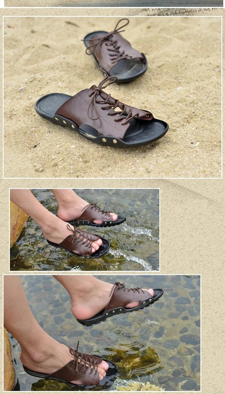 Summer Mens Slippers Cow Leather Beach Sandals Lightweight Comfy Flip Flops