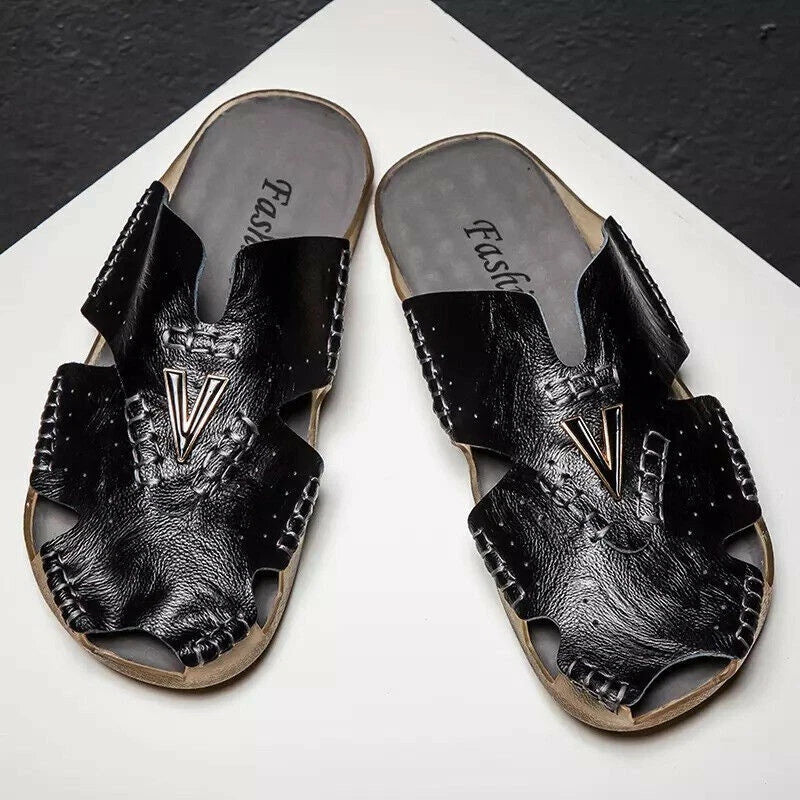 Men's Closed Toe Leather Slippers Non Slip Sandals Walking Fishing Beach Shoes