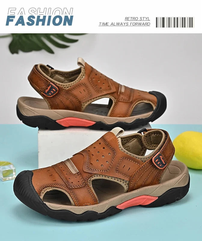 Summer Men Genuine Leather Sandals Non-slip Beach Slippers Handmade Sneakers
