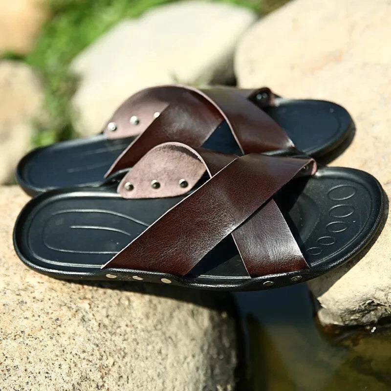 Summer Mens Slippers Cow Leather Beach Sandals Lightweight Comfy Flip Flops