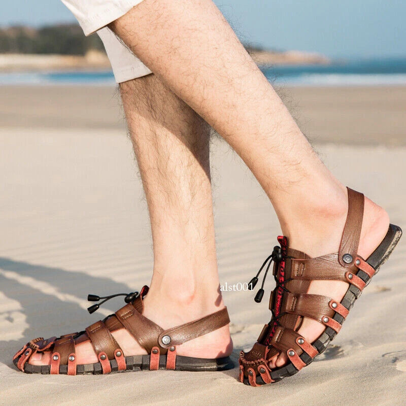 Mens Summer Sandals Round Toe Casual Beach Sports Shoes Leather Slippers Slip On