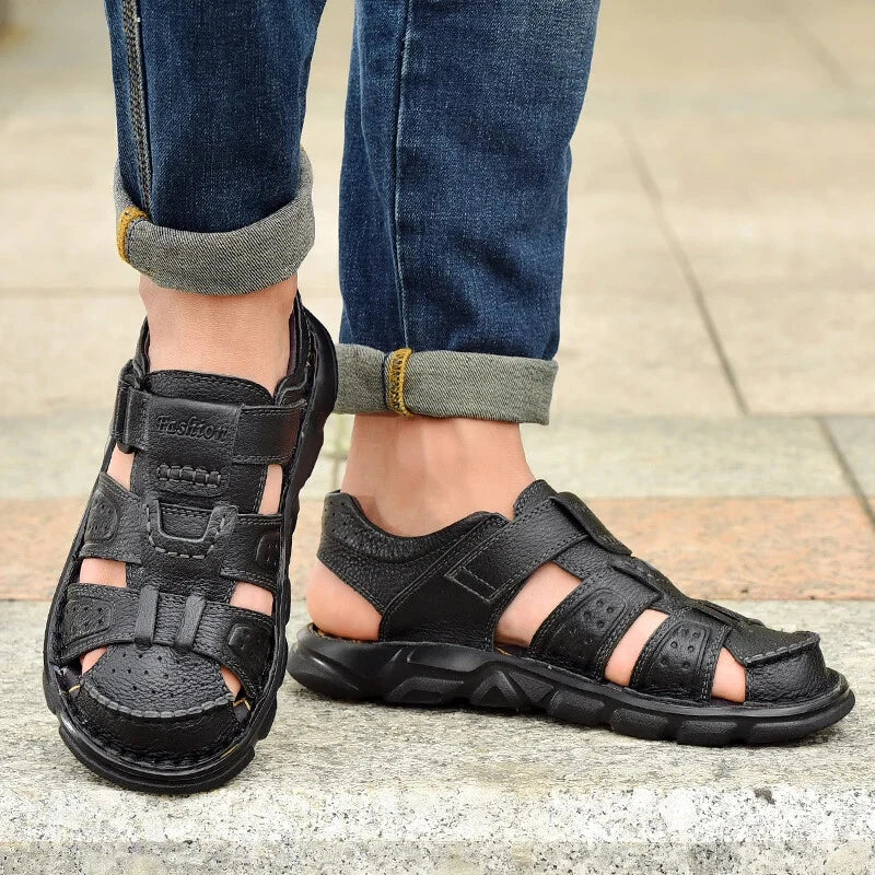 Leather Men Sandals Slip-on Lightweight Soft Hiking Shoes Beach Casual Slippers