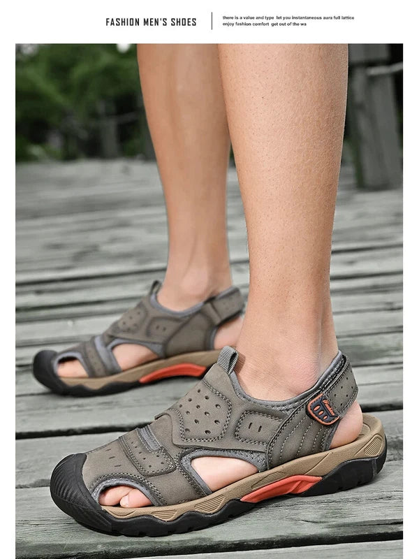 Summer Men Genuine Leather Sandals Non-slip Beach Slippers Handmade Sneakers