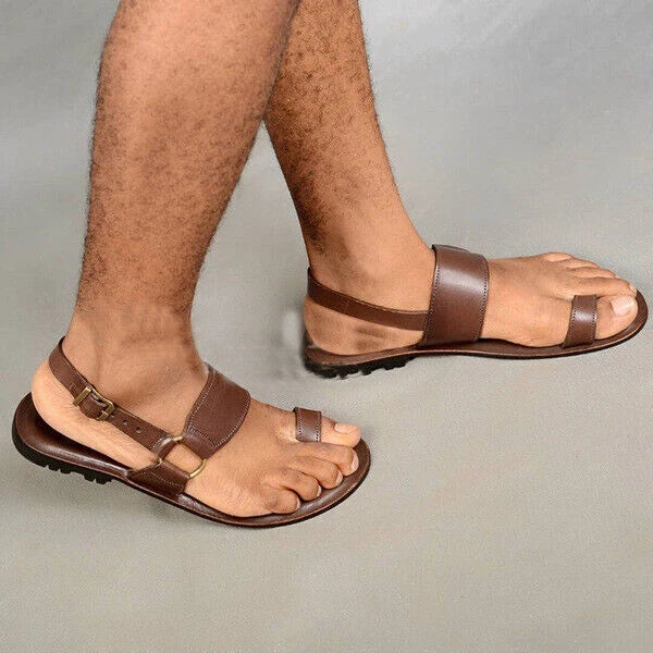 Mens Sandals Vintage Toe Ring PU Leather  Flats Shoes Comfortable Beach Slippers