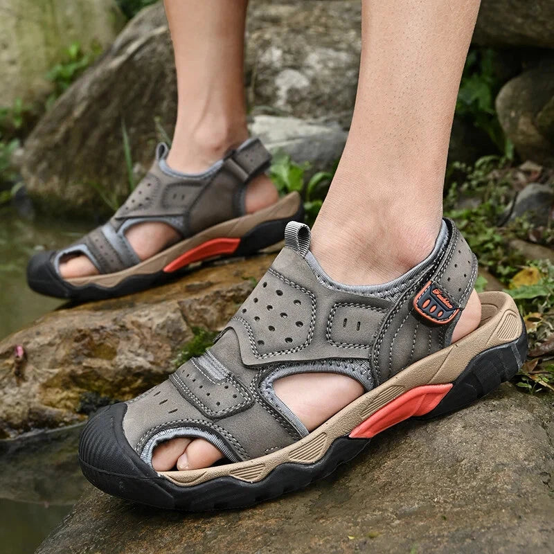 Summer Men Genuine Leather Sandals Non-slip Beach Slippers Handmade Sneakers