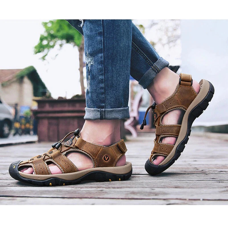 Men's Leather Sandals Closed Toe Beach Nonslip Summer Outdoor Sport Hiking Shoes