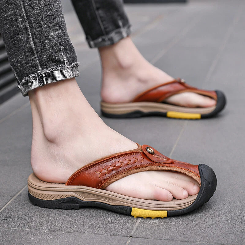 Men's Sandals Summer Beach Shoes Outdoor Leather Slippers Casual Flip Flops Size