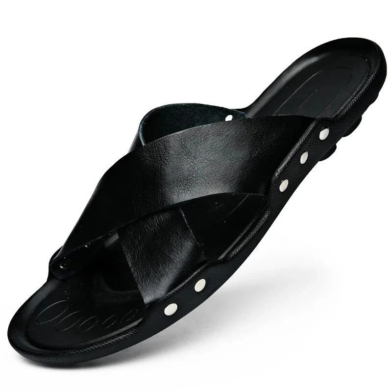 Summer Mens Slippers Cow Leather Beach Sandals Lightweight Comfy Flip Flops