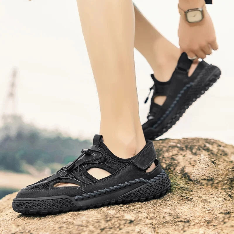 Men Mesh Walking Shoes Hollow Breathable Sandals Handmade Soft Beach Slippers