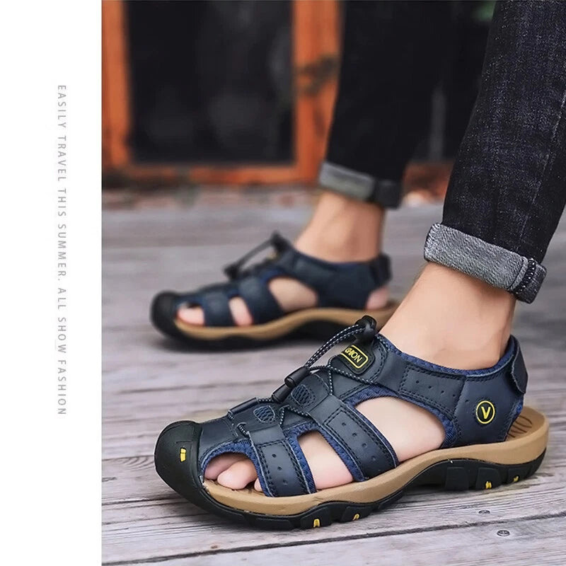 Men's Leather Sandals Closed Toe Beach Nonslip Summer Outdoor Sport Hiking Shoes