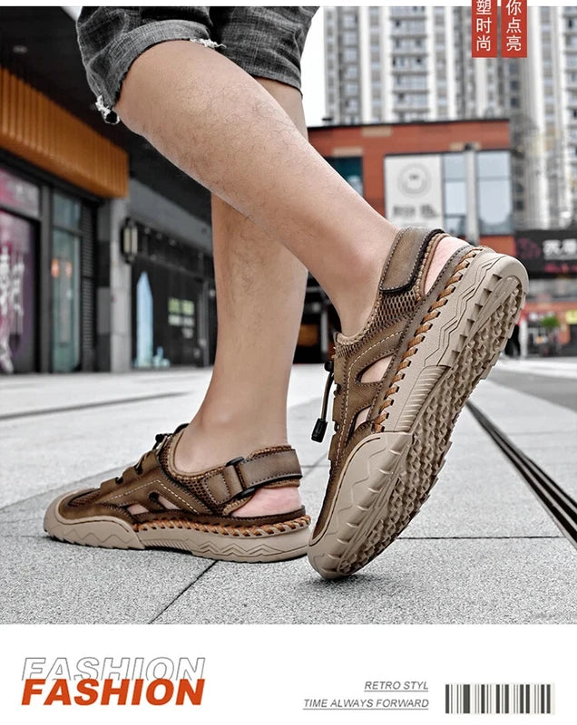 Summer Men's Leather Outdoor Beach Sandals Breathable Shoes Handmade Slippers