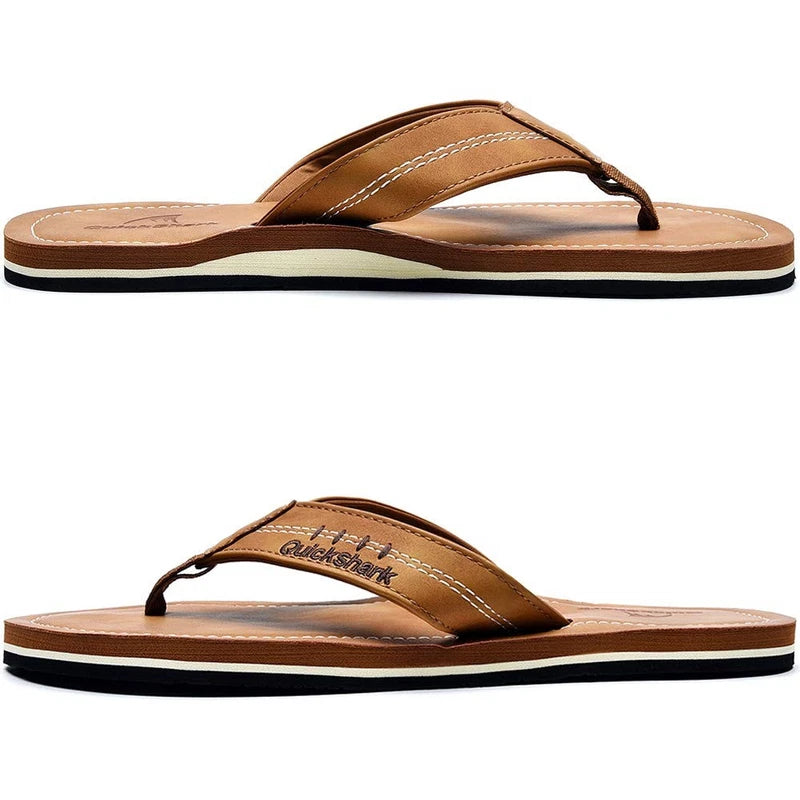 Men's Leather Thong Sandals Flip Flops w/ Arch Support, Beach Slippers