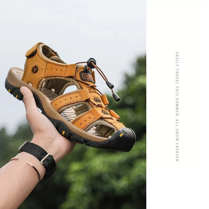Men's Leather Sandals Closed Toe Beach Nonslip Summer Outdoor Sport Hiking Shoes