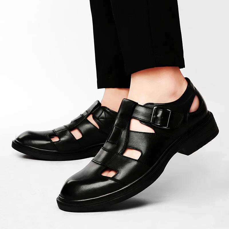 Summer Hollow Leather Shoes Men's Casual Sandals Breathable Lightweight Slippers