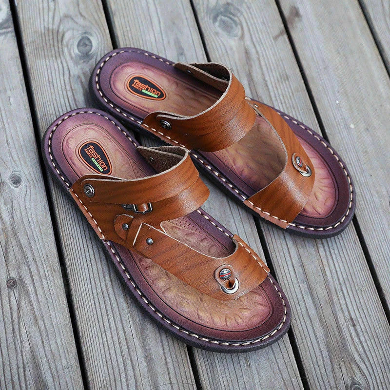 Mens Faux Leather Sandals Beach Flats Flip Flops Casual Slipper Shoes Summer Sz