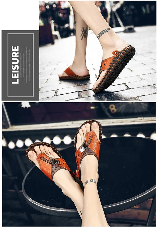 Men's Sandals Summer Outdoor Beach Leather Flip Flops Slippers Casual Shoes