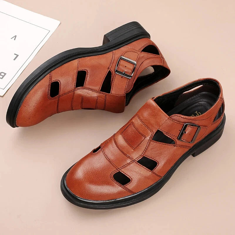 Summer Hollow Leather Men's Casual Sandals Breathable Flat Soft Sole Shoes