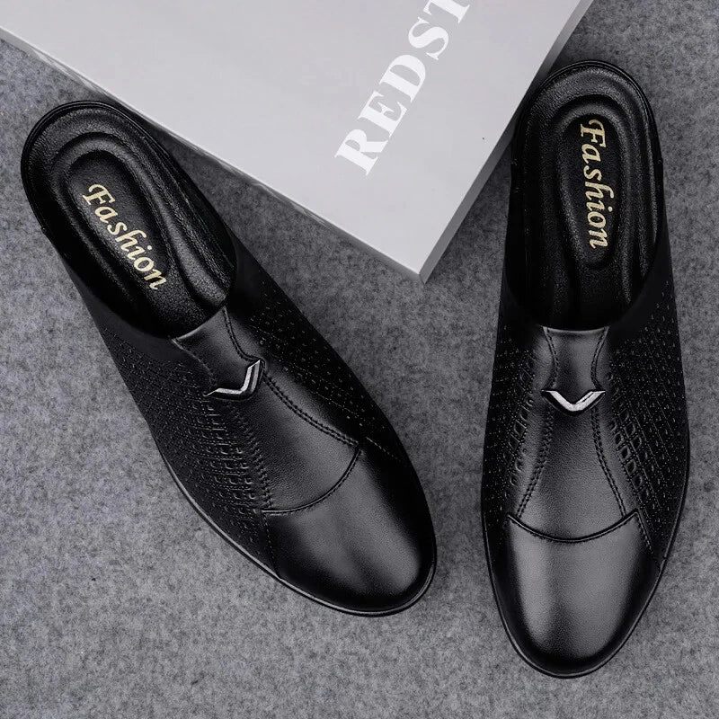 Men Leather Casual Slippers Half Drag Waterproof Loafers Non-slip Soft Sandals