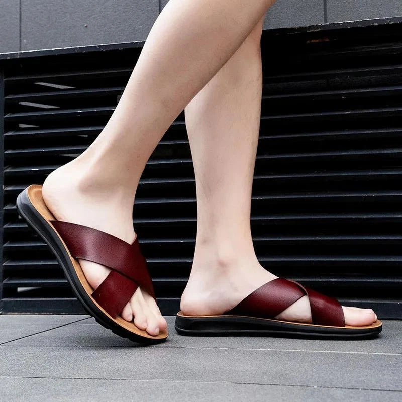 Men Shoes Italian Leather Slippers Men Beach Summer Shoes High Quality Big Size