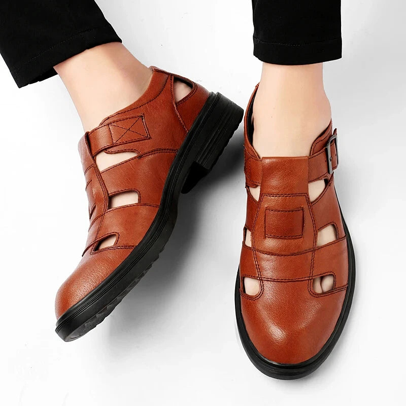 Summer Hollow Leather Men's Casual Sandals Breathable Flat Soft Sole Shoes