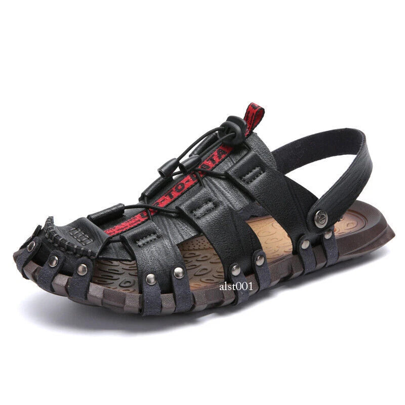 Mens Summer Sandals Round Toe Casual Beach Sports Shoes Leather Slippers Slip On
