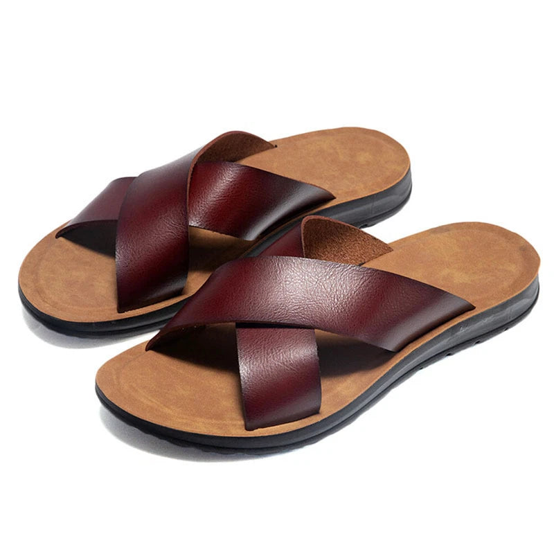 Men's Genuine Leather Slide Sandal Men's Outdoor Sports Slippers Beach Sandals
