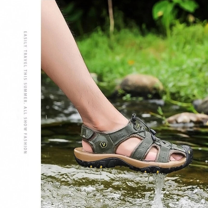 Men's Leather Sandals Closed Toe Beach Nonslip Summer Outdoor Sport Hiking Shoes
