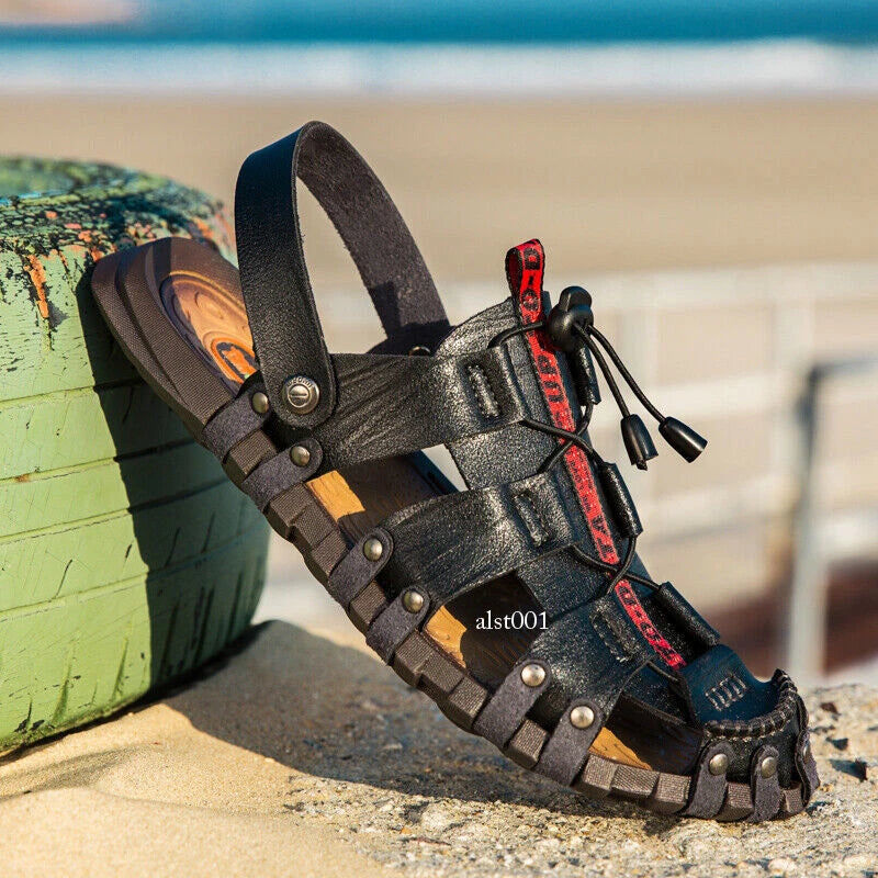 Mens Summer Sandals Round Toe Casual Beach Sports Shoes Leather Slippers Slip On