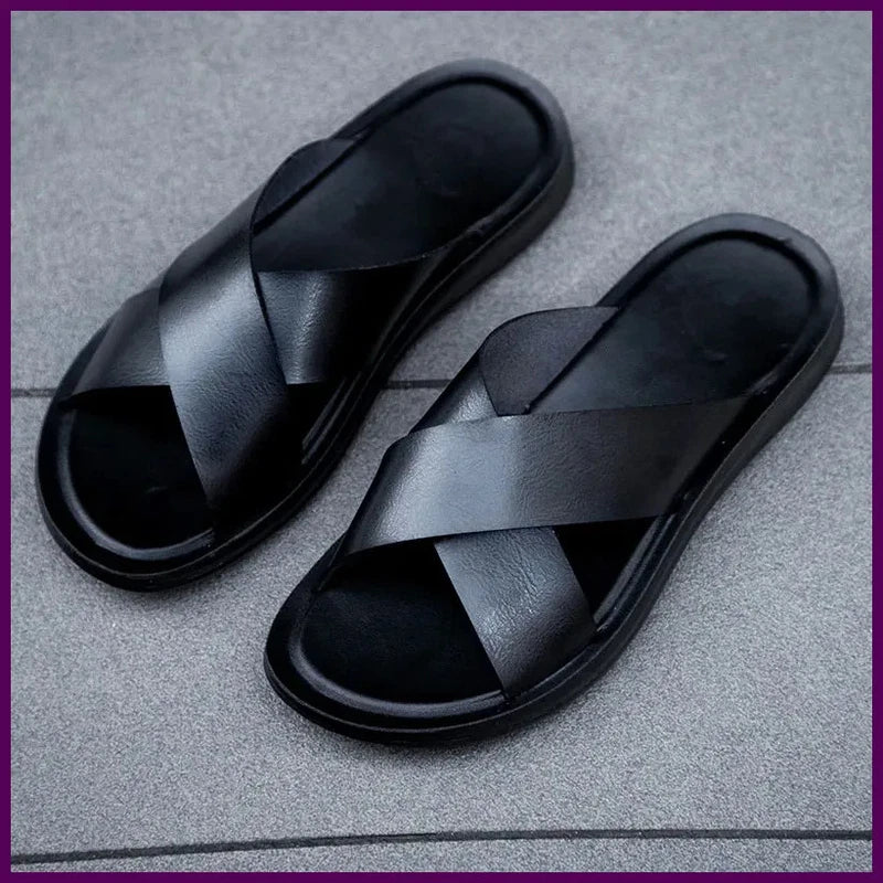 FUQIAO Summer Sandals Men Leather Classic Roman Open-toed Slipper Outdoor Beach
