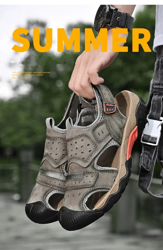 Summer Men Genuine Leather Sandals Non-slip Beach Slippers Handmade Sneakers