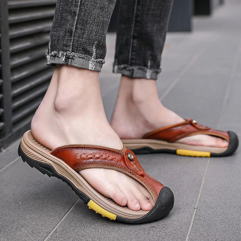 Men's Sandals Summer Beach Shoes Outdoor Leather Slippers Casual Flip Flops Size