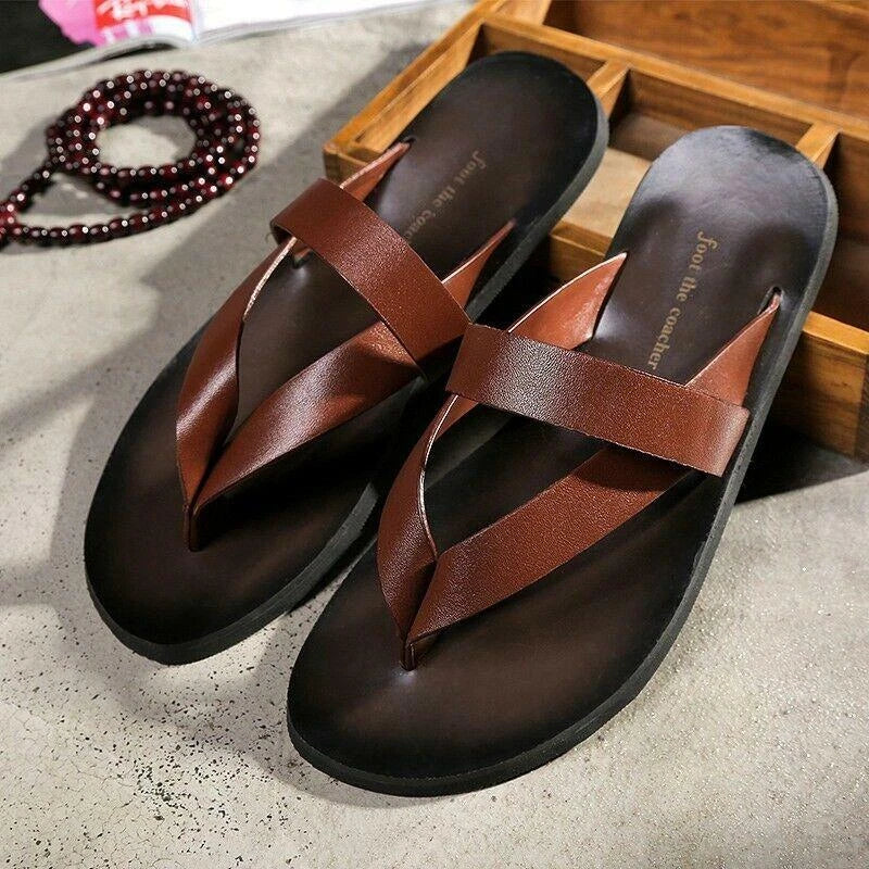 Summer Men's Fashion Beach Outdoor Leather Sandals with Straps Non-Slip Slippers