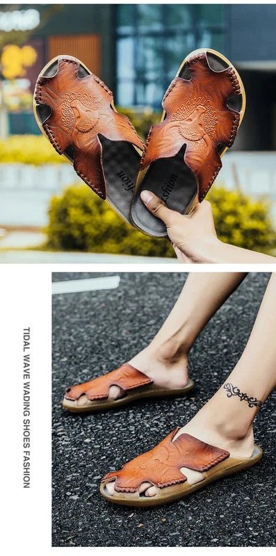 Men Leather Non-Slip Slippers Comfort Beach Sandals Summer Classics Flip Flops