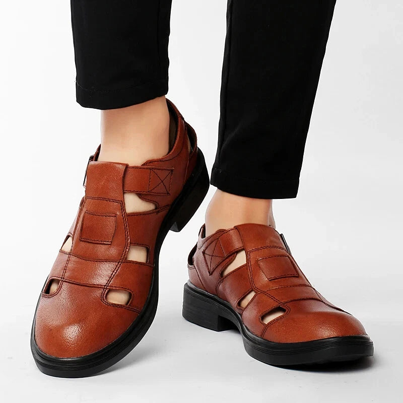 Summer Hollow Leather Men's Casual Sandals Breathable Flat Soft Sole Shoes
