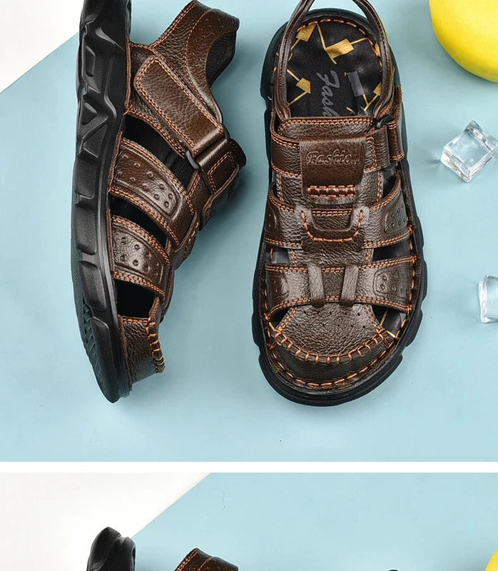 Summer Leather Men's Sandals Outdoor Beach Slippers Hiking Non-slip Flat Shoes
