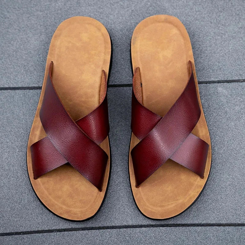 FUQIAO Summer Sandals Men Leather Classic Roman Open-toed Slipper Outdoor Beach