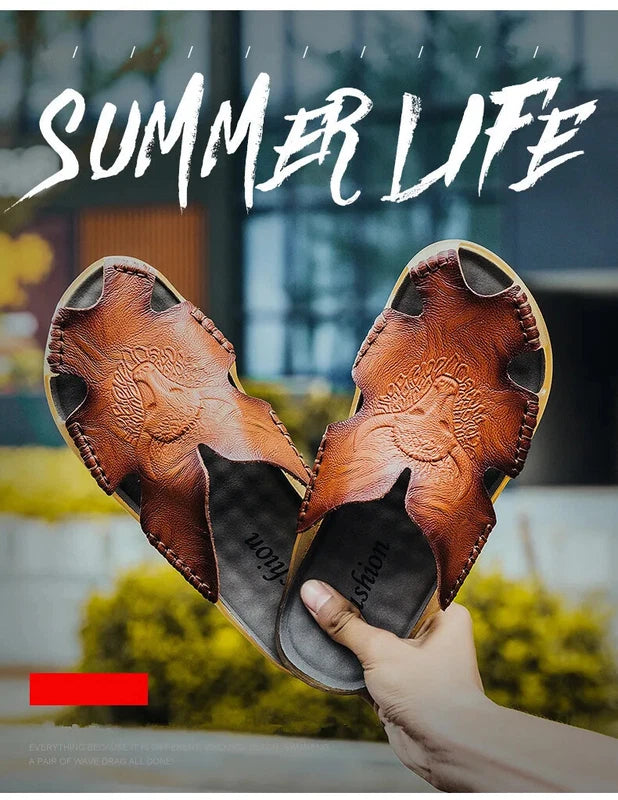 Men Leather Non-Slip Slippers Comfort Beach Sandals Summer Classics Flip Flops
