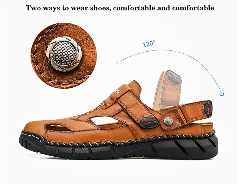 Classic Men Sandals Soft Leather Beach Slippers Outdoor Casual Lightweight Shoes